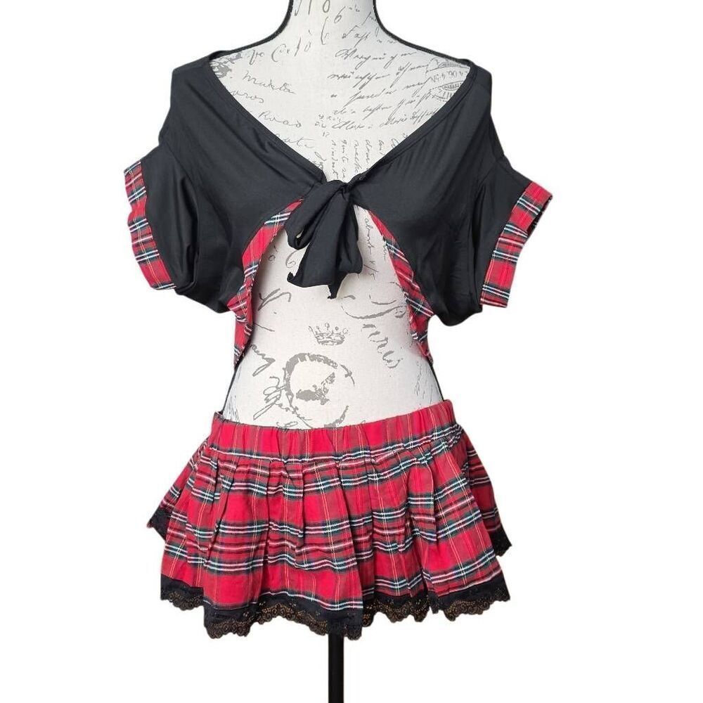 Adome Women's Size XXL Red Black Skirt Crop Top Role Play Outfit